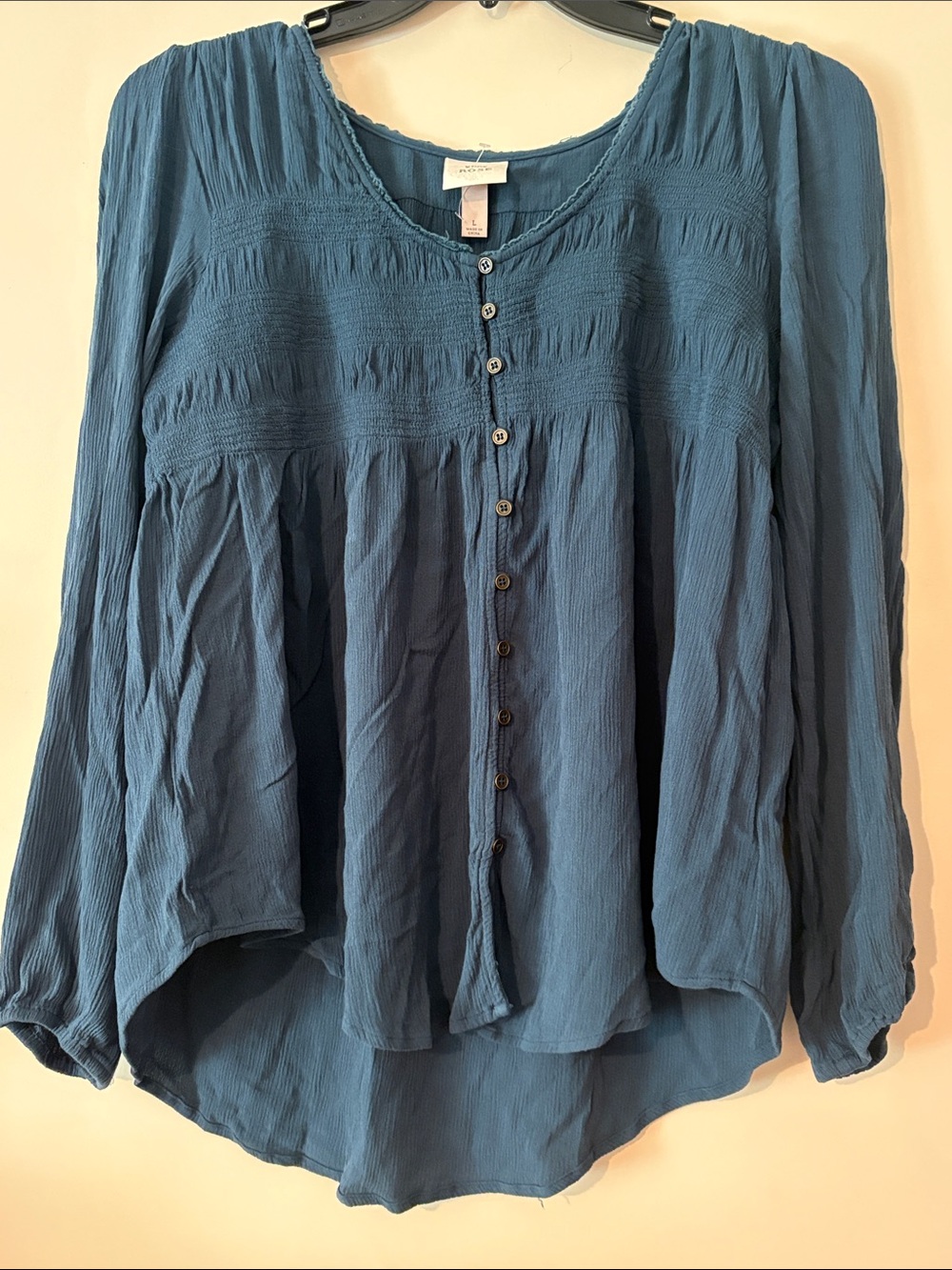 Knox Rose Teal Blue smocked Button-Front Peasant Top boho large